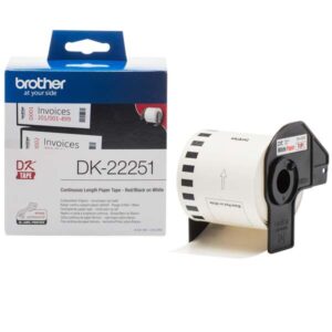 brother dk22251 etiquetas originales de tamaño personalizado ancho 62mm x 15,24 metros texto rojo y negro sobre fondo blanco
