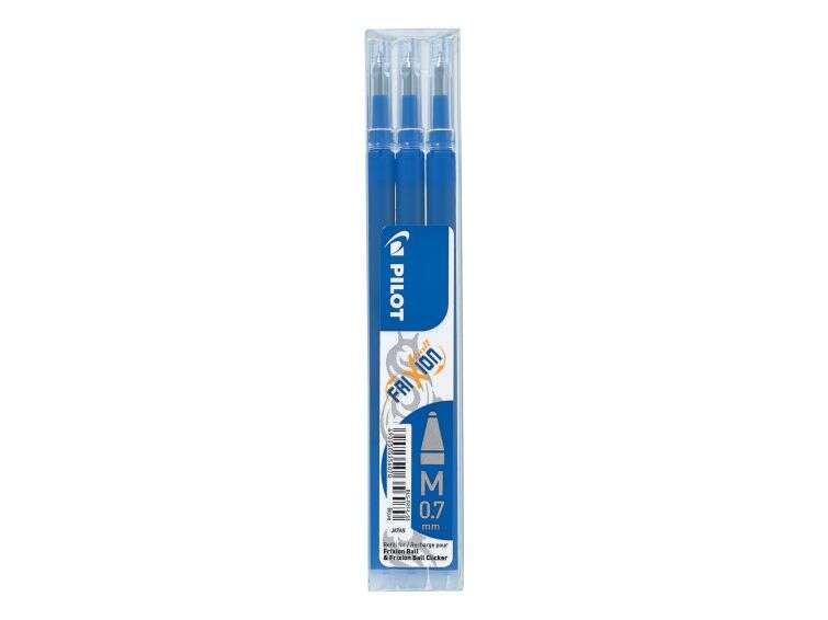 pilot pack de 3 recambios para frixion ball / frixion clicker tinta gel borrable punta de bola 0.7mm trazo 0.4mm color azul