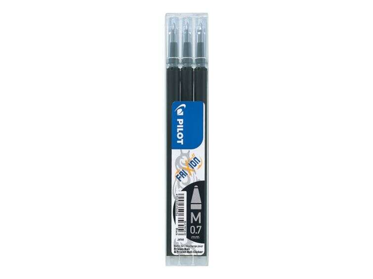 pilot pack de 3 recambios para frixion ball / frixion clicker tinta gel borrable punta de bola 0.7mm trazo 0.4mm color negro