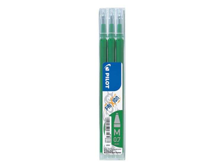 pilot pack de 3 recambios para frixion ball / frixion clicker tinta gel borrable punta de bola 0.7mm trazo 0.4mm color verde