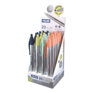 milan p1 silver expositor de 20 boligrafos de bola retractiles punta redonda 1mm cuerpo plateado con clip de colores surtidos color de tinta azul