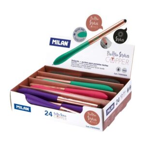 milan stylus copper expositor de 24 boligrafos de bola retractiles punta 1mm puntero para pantalla tactil cuerpo de colores surtidos color de tinta azul