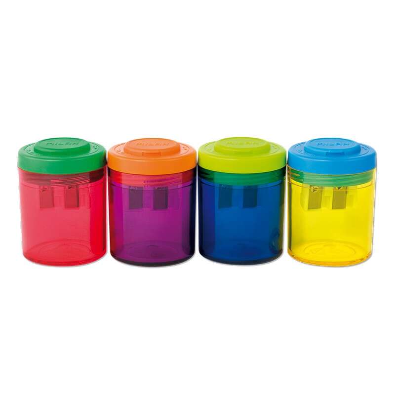 milan collection expositor de 12 sacapuntas con deposito uso estandar y maxi cuchilla de acero colores surtidos