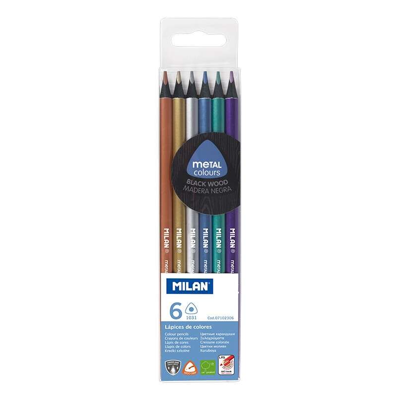 milan pack de 6 lapices triangulares de colores metalizados mina 2.9mm ergonomicos resistente a la rotura madera de tilo colores surtidos