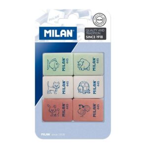 milan 445 pack de 6 gomas de borrar rectangulares miga de pan suave caucho sintetico dibujos infantiles colores surtidos