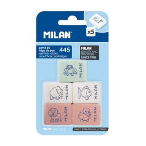 milan 445 pack de 5 gomas de borrar rectangulares miga de pan suave caucho sintetico dibujos infantiles colores surtidos