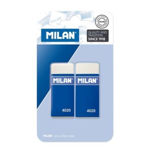 milan 4020 pack de 2 gomas de borrar rectangulares miga de pan suave caucho sintetico faja de carton azul color blanco