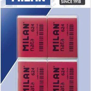 milan nata 624 pack de 4 gomas de borrar rectangulares plastico suave no abrasiva color rojo/blanco
