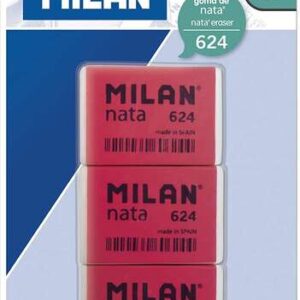 milan nata 624 pack de 3 gomas de borrar rectangulares plastico suave no abrasiva color rojo/blanco