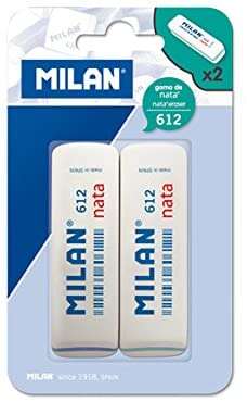 milan nata 612 pack de 2 gomas de borrar biseladas plastico suave no abrasiva color blanco