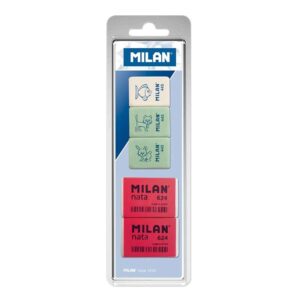 milan pack de 5 gomas de borrar, 3xgomas 445 rectangulares + 2xgomas 624 nata rectangulares plastico colores surtidos