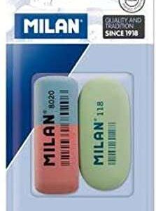 milan pack de 2 gomas de borrar, 1xgoma 8020 biselada doble intensidad + 1xgoma 118 ovalada caucho sintetico para toda clase de papeles colores surtidos