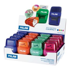 milan compact expositor de 16 afilaborras uso estandar y maxi cuchilla de acero goma de borrar cuchilla de seguridad colores surtidos
