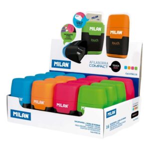milan compact fluo expositor de 16 afilaborras uso estandar y maxi cuchilla de acero goma de borrar cuchilla de seguridad colores surtidos