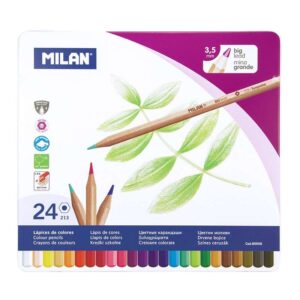 milan caja metalica con 24 lapices hexagonales de colores mina 3.5mm trazo uniforme resistente a la rotura colores surtidos