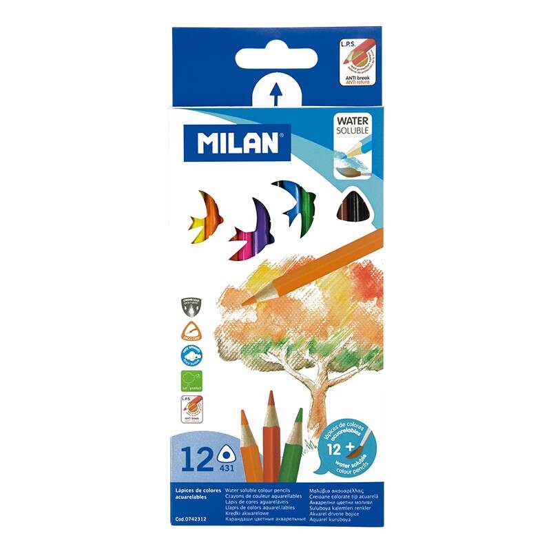 milan pack de 12 lapices triangulares de colores acuarelables + pincel mina 2.9mm trazo uniforme resistente a la rotura madera de bosques sostenibles colores surtidos