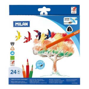 milan pack de 24 lapices triangulares acuarelables + pincel mina 2.9mm trazo uniforme resistente a la rotura colores surtidos