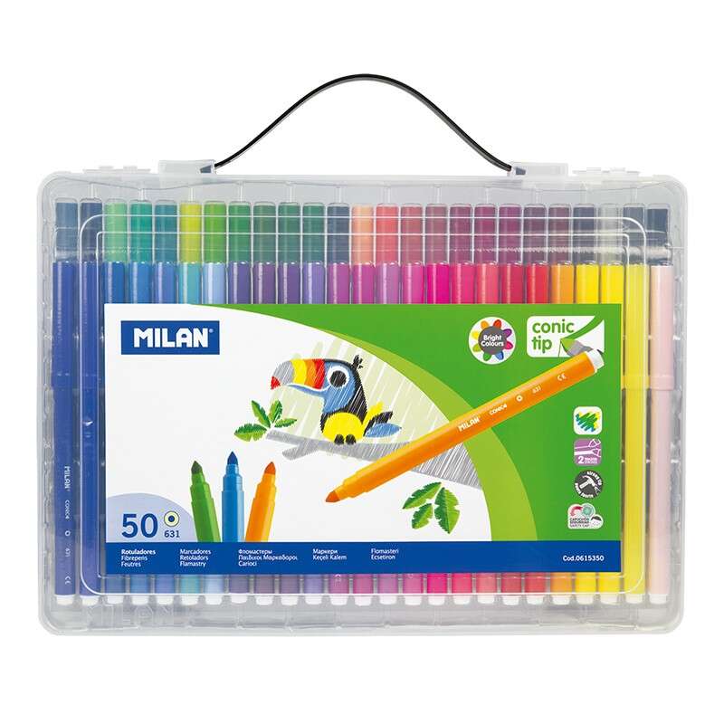 milan maletin de 50 rotuladores de punta conica punta 5 mm tinta a base de agua mezclable entre si colores surtidos