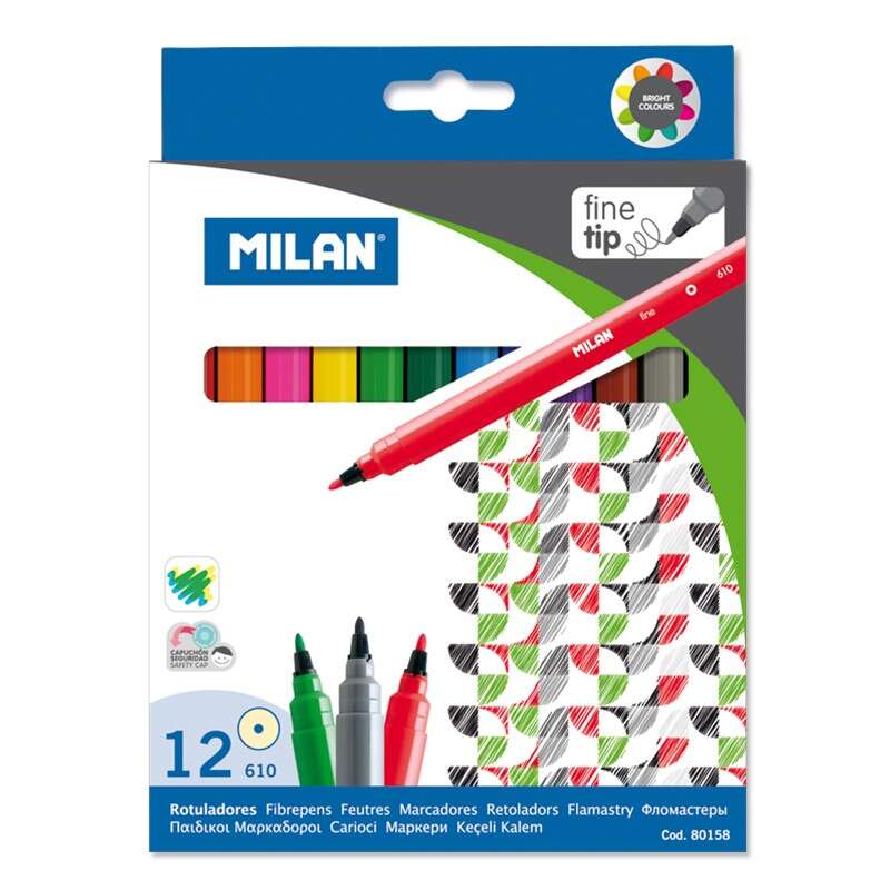 milan pack de 12 rotuladores punta fina de 2mm tinta al agua lavable colores surtidos