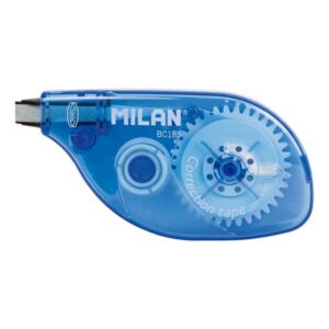 milan cinta correctora 5mm x 8m correcion en seco apta para zurdos gracias a la rotacion de 180º de su punta para todo tipo de papel cuerpo azul tranparente