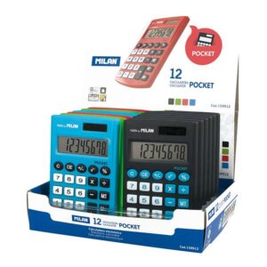 milan pocket expositor con 12 calculadoras de bolsillo 8 digitos tacto suave colores surtidos