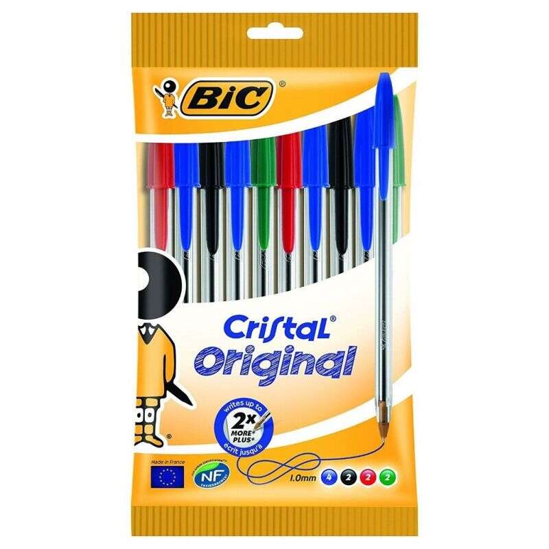 bic cristal original pack de 10 boligrafos de bola punta redonda de 1.0mm trazo 0.4mm tinta con base de aceite colores surtidos