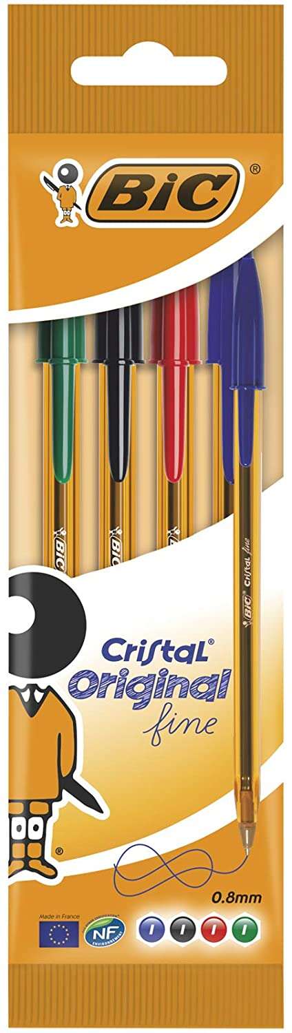 bic cristal original fine pack de 4 boligrafos de bola punta redonda de 0.8mm trazo de 0.30mm tinta con base de aceite translucido colores surtidos