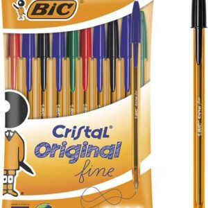 bic cristal original fine pack de 10 boligrafos de bola punta redonda de 0.8mm trazo de 0.30mm tinta con base de aceite translucido colores surtidos