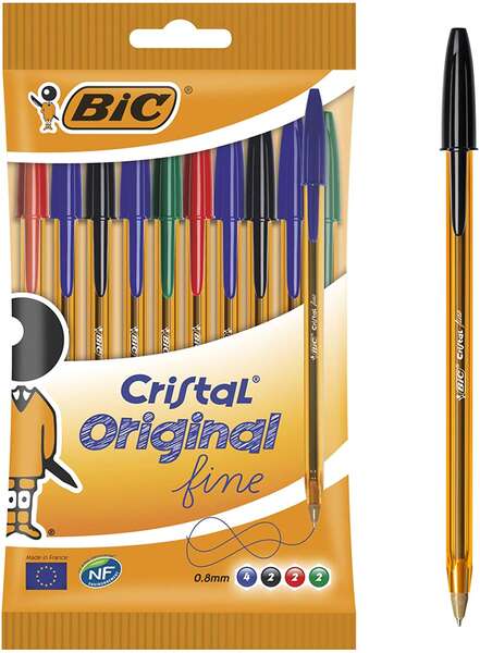 bic cristal original fine pack de 10 boligrafos de bola punta redonda de 0.8mm trazo de 0.30mm tinta con base de aceite translucido colores surtidos