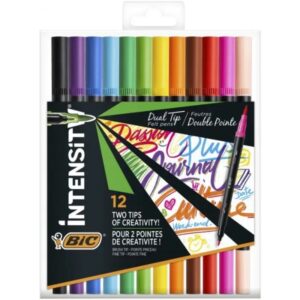 bic intensity dual tip pack de 12 rotuladores doble punta punta de pincel + punta fina tinta con base de agua colores clasicos surtidos