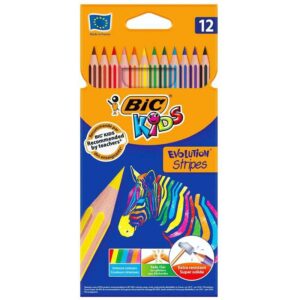 bic kids evolution stripes caja de 12 lapices de colores surtidos fabricados en resina punta ultraresistente mina pigmentada de 3.20 mm nueva formula