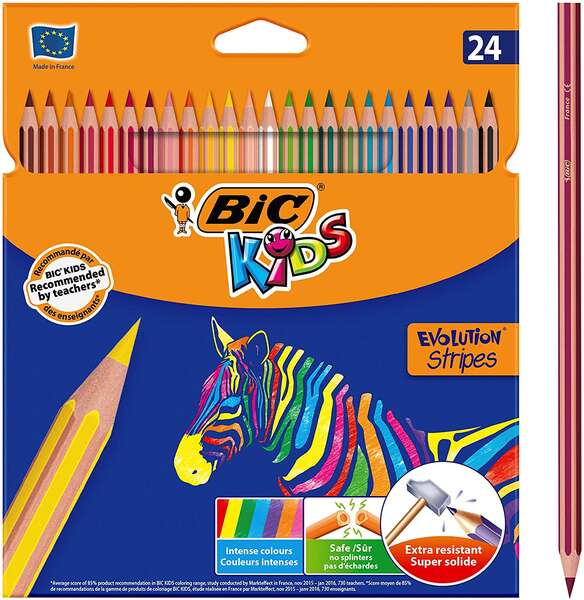 bic kids evolution stripes caja de 24 lapices de colores surtidos fabricados en resina punta ultraresistente mina pigmentada de 3.20 mm
