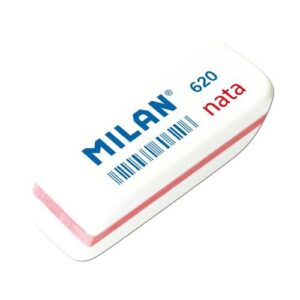 milan nata 620 goma de borrar biselada pequeña plastico suave no abrasiva color blanco con ribete de colores surtidos