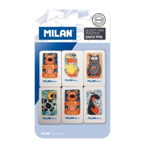 milan 436a pack de 6 gomas de borrar rectangulares miga de pan caucho suave sintetico dibujos infantiles surtidos color blanco