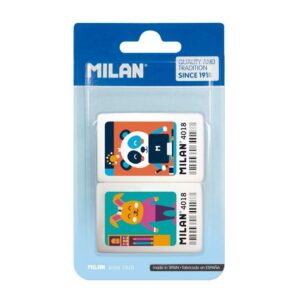milan 4018 pack de 2 gomas de borrar rectangulares miga de pan caucho suave sintetico dibujos infantiles a color