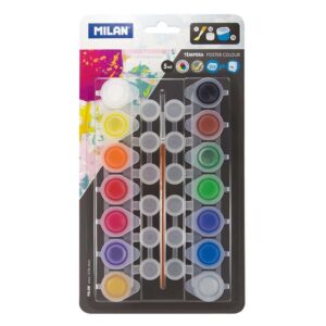 milan pack de 14 tarros de tempera 5 ml + 12 botes para mezclas + 1 pincel serie 101 secado rapido mezclable colores surtidos