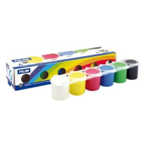 milan pack de 6 botes de tempera 25ml + 1 pincel serie 101 secado rapido mezclable colores surtidos