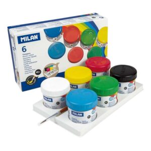 milan pack de 6 botes de tempera 40ml + 1 pincel serie 101 secado rapido mezclable colores surtidos