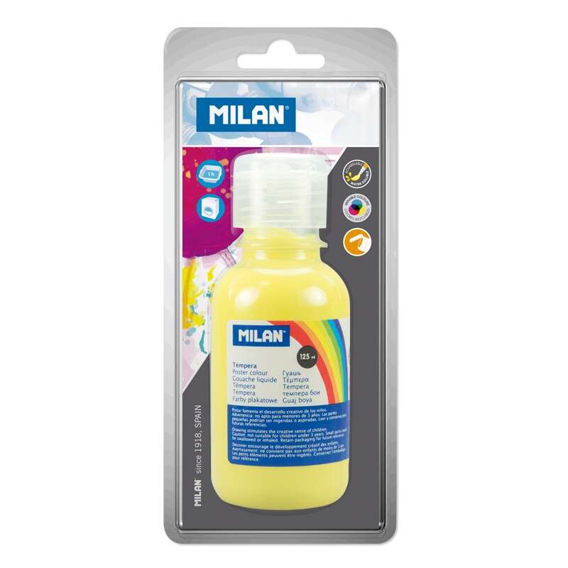 milan botella de tempera 125 ml tapon dosificador secado rapido mezclable color amarillo limon