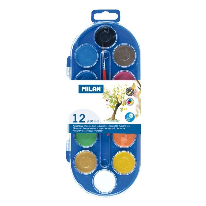milan estuche de 12 acuarelas Ø30 mm + pincel serie 101 mezclable colores surtidos