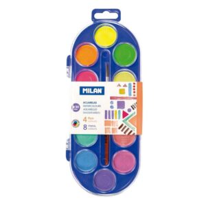 milan estuche de 12 acuarelas Ø30 mm + pincel serie 101 mezclable colores fluorescentes y metalizados