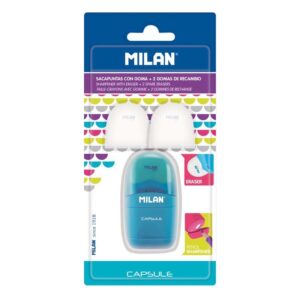 milan capsule blister afilaborras sacapuntas y goma de borrar + 2 gomas de borrar de recambio cuchilla de acero al carbono para todo tipo de lapices cuchilla de seguridad colores surtidos