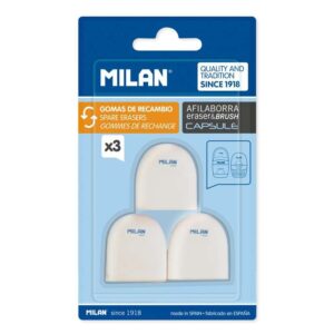 milan pack de 3 gomas de borrar de recambio para afilaborras capsule miga de pan suave caucho sintetico color blanco