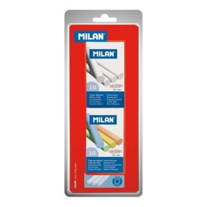 milan pack de 2 cajas de 10 tizas, 1xcaja tizas blancas, 1x caja tizas colores redondas no contienen caseina colores surtidos
