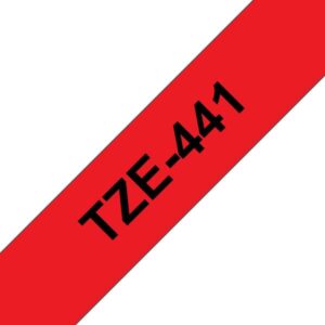 brother tze441 cinta laminada generica de etiquetas texto negro sobre fondo rojo ancho 18mm x 8 metros