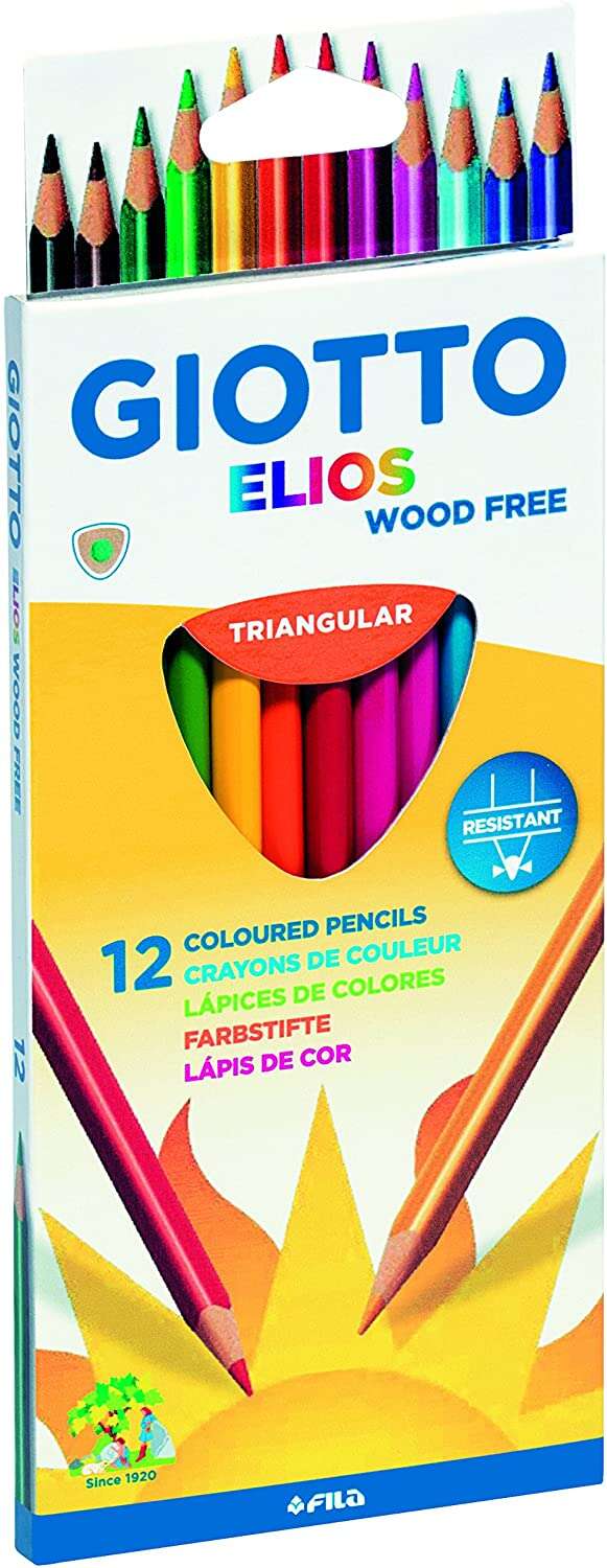 giotto elios wood free pack de 12 lapices triangulares de colores sin madera mina 3.3 mm colores surtidos