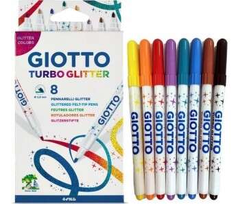 giotto turbo glitter pack de 8 rotuladores punta fina 2.8mm tinta al agua lavable colores surtidos