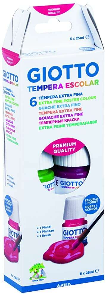 giotto tempera pack de 6 botes de 25 ml. + pincel base agua excelente cobertura colores surtidos