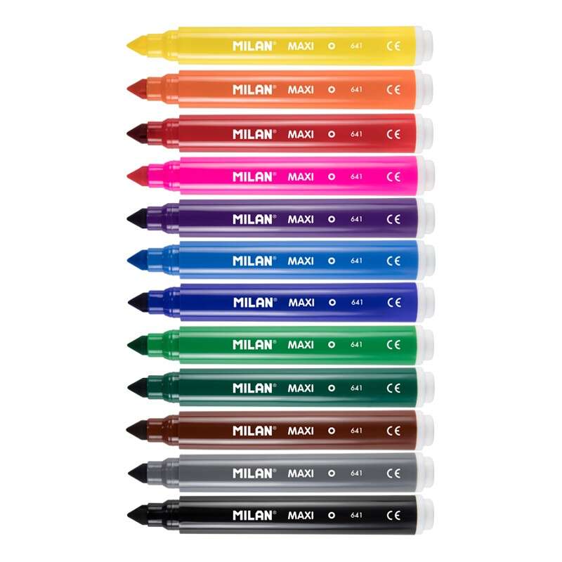 milan pack de 12 rotuladores maxi punta conica 7.5mm tinta al agua lavable colores surtidos