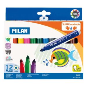 milan pack de 12 rotuladores super lavables maxi punta conica 7.5mm tinta al agua lavable colores surtidos